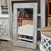 Handmade Carved Wall Hanging Mirror Frame Oriental Style Rustic White 137x5x78Cm
